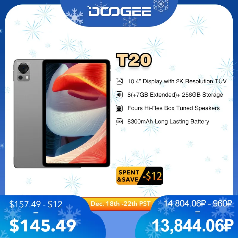 DOOGEE T20 Android Tablet,10.4 2K Tablet Android,15GB+256GB Android 12  Tablet,Hi-Res Quad Speakers,Octa-core Gaming Tablet,8300mAh Battery,TÜV Low